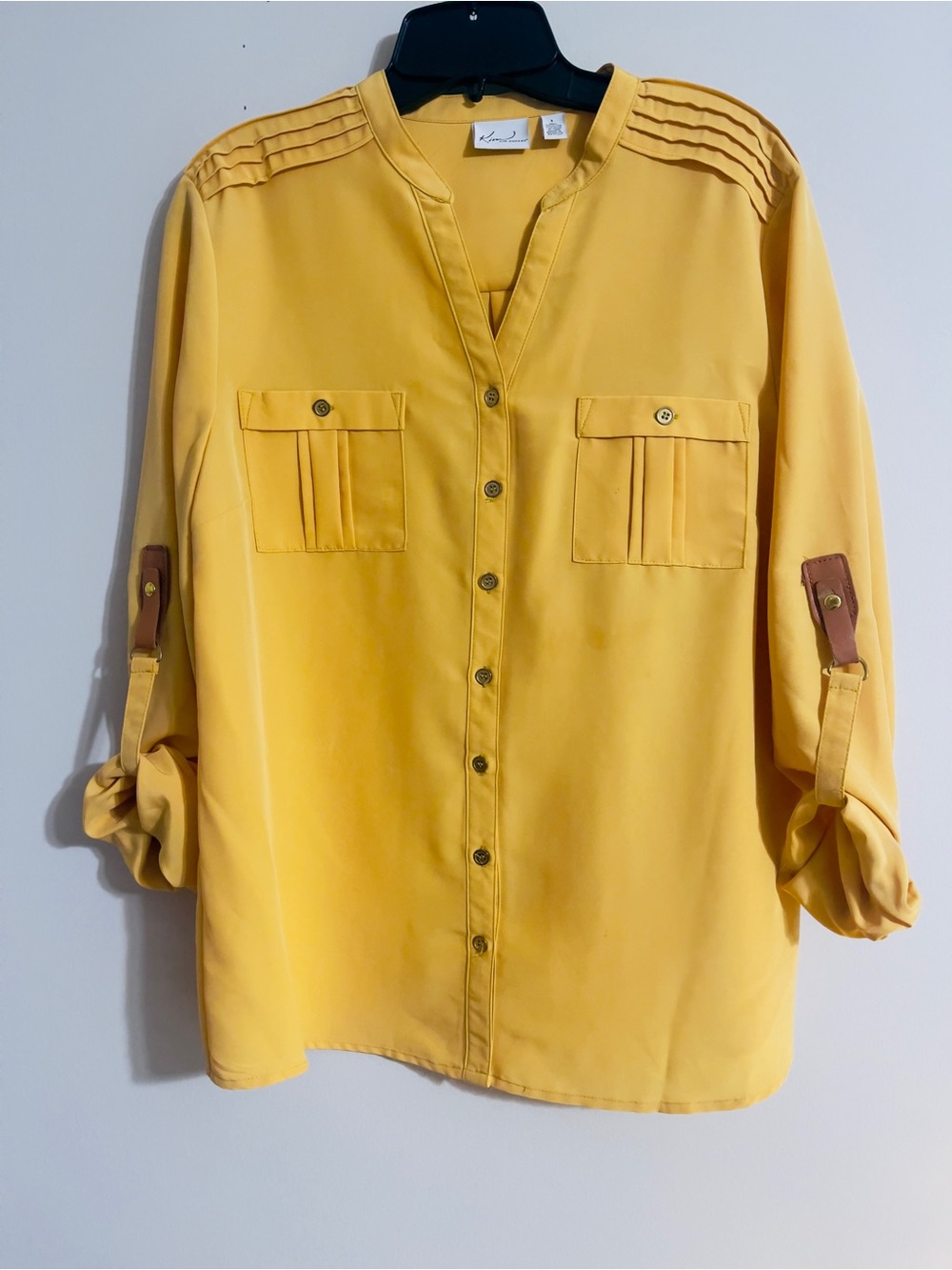 Kim Rogers Utility Boho Blouse Yellow V-Neck Button Roll Tab 3/4 Sleeve Sz L